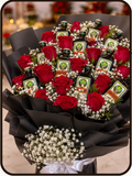 Promotional product graphic for a custom bouquet of 10 Jägermeister bottles wrapped in red roses and baby's breath, branded by Drapednuts. The graphic includes product details, a price of 9999, and delivery information.