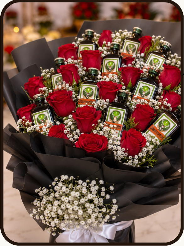 Promotional product graphic for a custom bouquet of 10 Jägermeister bottles wrapped in red roses and baby's breath, branded by Drapednuts. The graphic includes product details, a price of 9999, and delivery information.