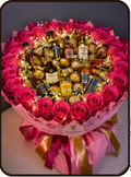 A luxury chocolate and rose bouquet gift set from Draped Nuts, featuring a circular arrangement of pink roses and assorted chocolates including Jägermeister, Ballantine's, Indri, and Bacardi. The image includes an 'What's Inside' list, product details, and pricing on a light beige background.