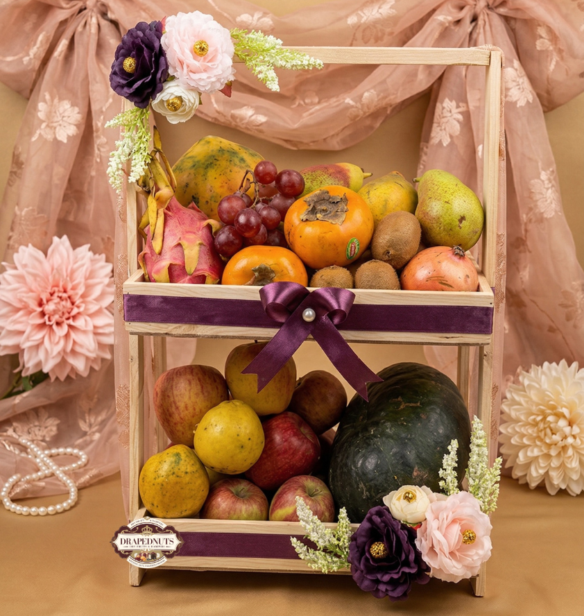 Premium Fruit Hamper – Dragon Fruit & Watermelon 2-Tier Basket – Premium Fresh Fruit Gift Hamper by Drapednuts Mumbai