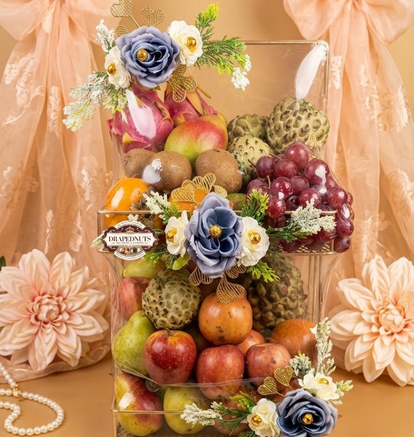 Luxury Fruit Hamper – Sitafal & Mango Season Special Metal Basket – Premium Fresh Fruit Gift Hamper by Drapednuts Mumbai
