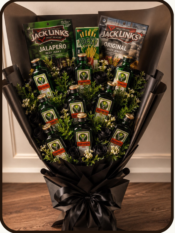A promotional graphic for a DrapeDnuts 'Jäger Midnight Snack Bouquet' containing 10 Jägermeister, 2 Lindt bars, and 1 Pocky snack bundle. The graphic features a central photo of the packaged snack bouquet, surrounded by text detailing the contents, price (11999), and brand logos for DrapeDnuts and the individual snack brands.