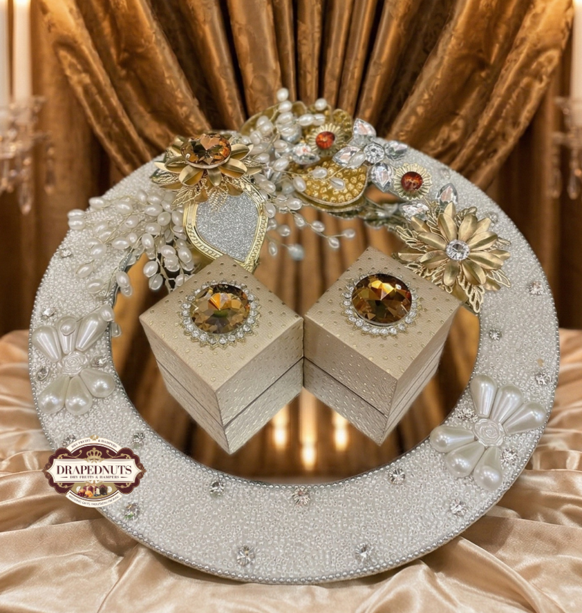 Ivory Pearl Embellished Round Mirror Ring Platter | Luxury Engagement Ceremony Tray India