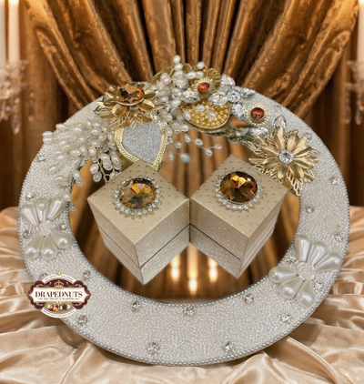 Ivory Pearl Embellished Round Mirror Ring Platter | Luxury Engagement Ceremony Tray India
