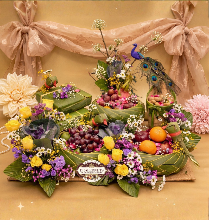 Grand Fruit Hamper – Triple Basket Peacock Kaju Katli Centrepiece – Premium Fresh Fruit Gift Hamper by Drapednuts Mumbai