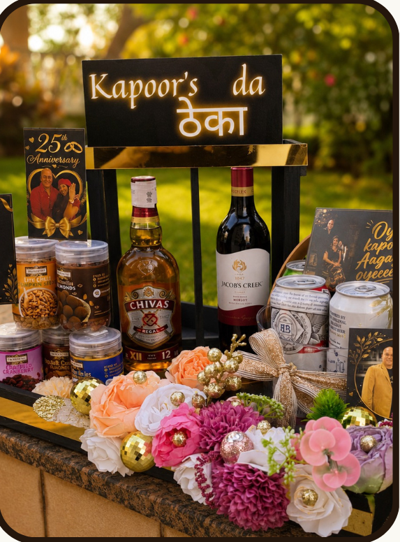 Promotional graphic for a Drapednuts 'The Celebration Crate' gift bundle, showing a decorated bar setup with various snacks, drinks, and flowers, alongside a list of what's inside and the price of ₹14999.