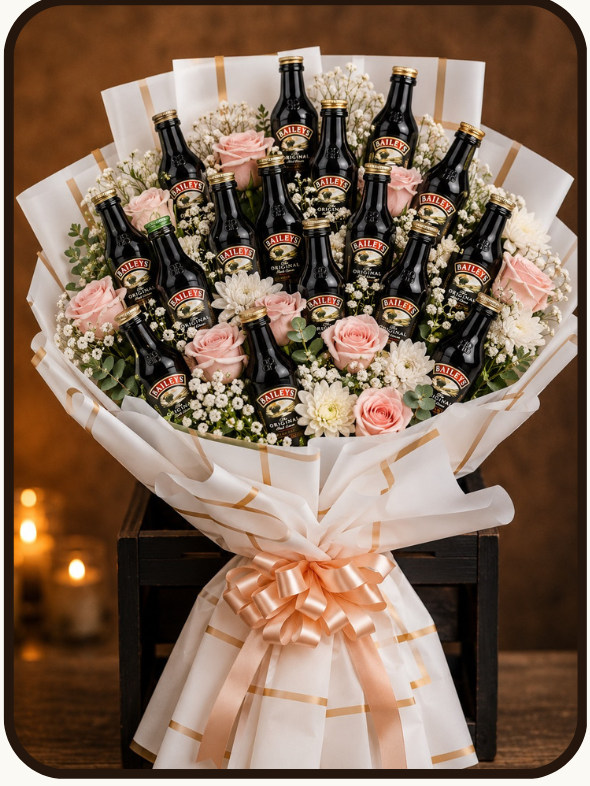 Promotional product graphic for a 'Baileys Cream Royale' gift set by Drapednuts. The image features a bouquet of 15 mini Baileys bottles wrapped in elegant white and pink ribbon, set against a dark background.
