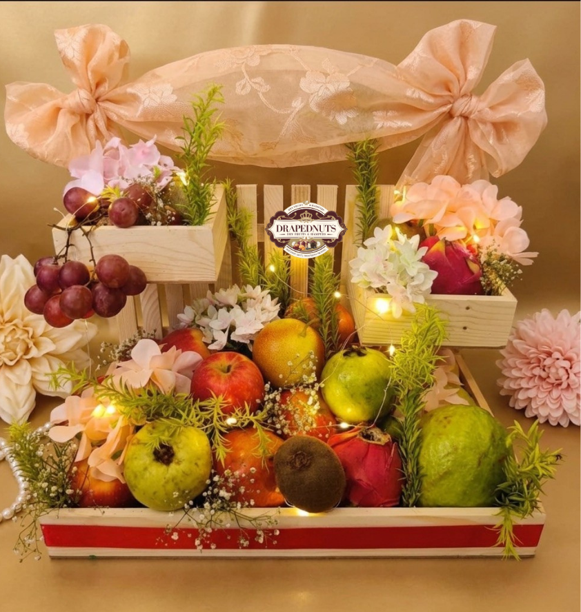 Fresh Fruit Hamper – Dragon Fruit, Guava & Red Grape Basket – Premium Fresh Fruit Gift Hamper by Drapednuts Mumbai