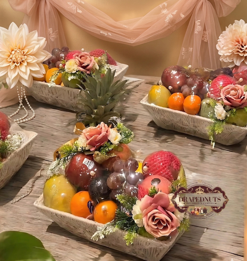 Fresh Fruit Hamper – Mango, Pomegranate & Mandarin Basket – Premium Fresh Fruit Gift Hamper by Drapednuts Mumbai