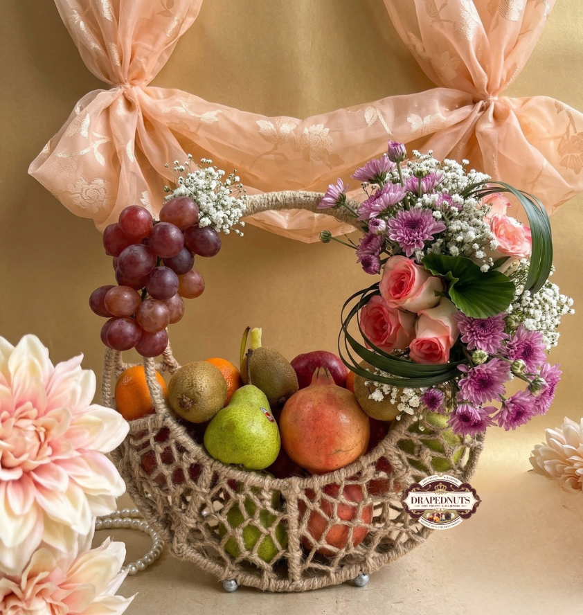 Fresh Fruit Hamper – Orchard Bloom Basket – Premium Fresh Fruit Gift Hamper by Drapednuts Mumbai