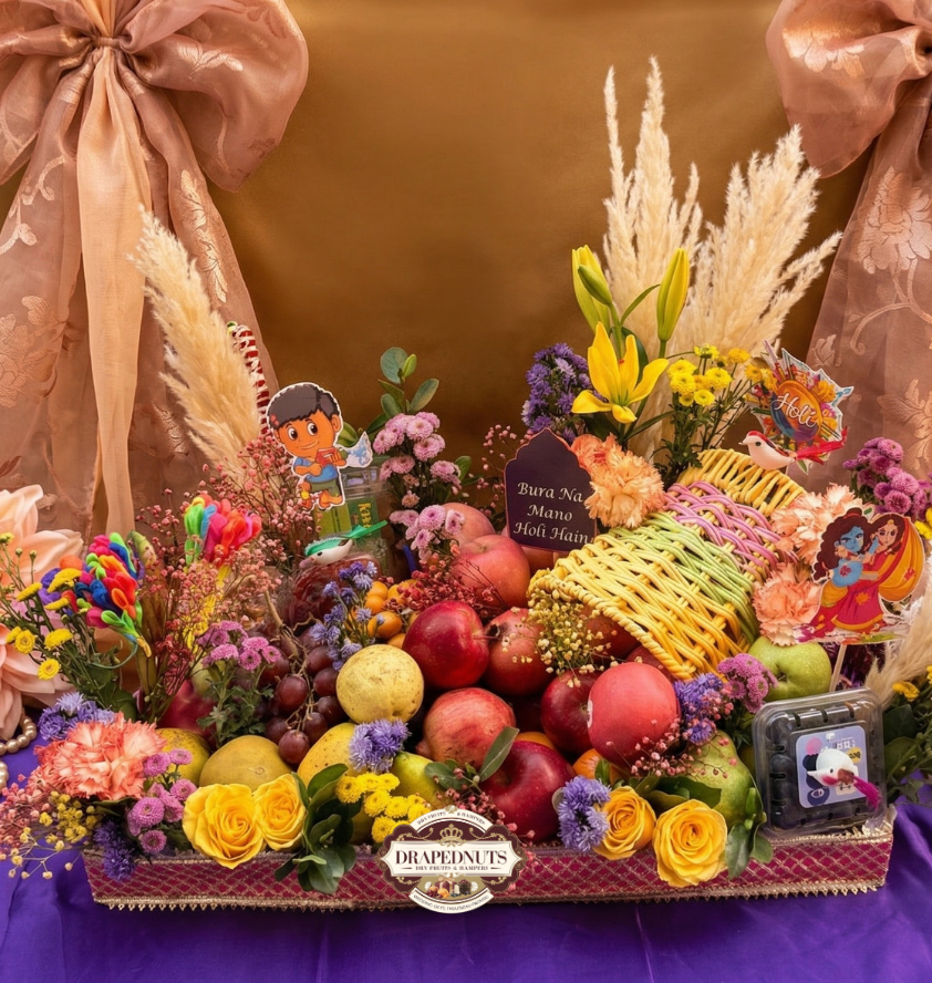 Grand Fruit Hamper – Dual Tray Apple, Mango & Kiwi Royal Basket – Premium Fresh Fruit Gift Hamper by Drapednuts Mumbai