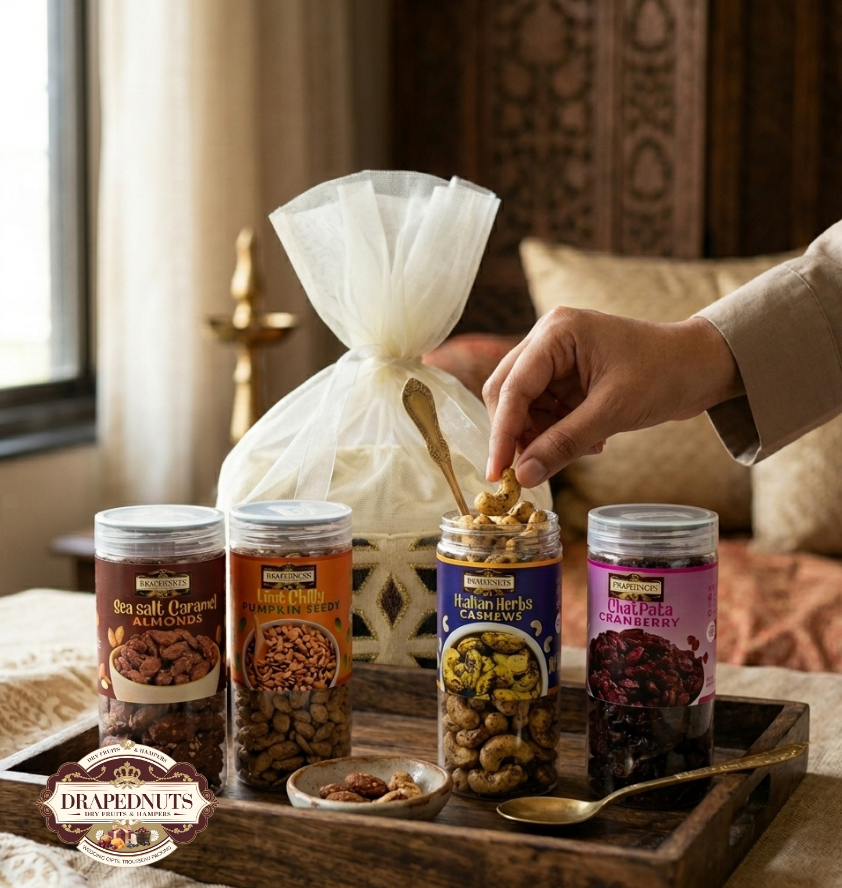 Elegant Dry Fruit Potli Basket Hamper 4 Jar by Drapednuts