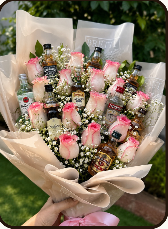 Classic Spirits Bouquet – Rose & Mini Bottle Bouquet