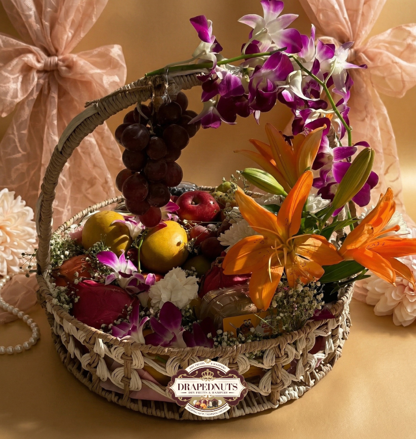 Premium Fruit Hamper – Red Grapes, Kiwi & Pomegranate Basket – Premium Fresh Fruit Gift Hamper by Drapednuts Mumbai