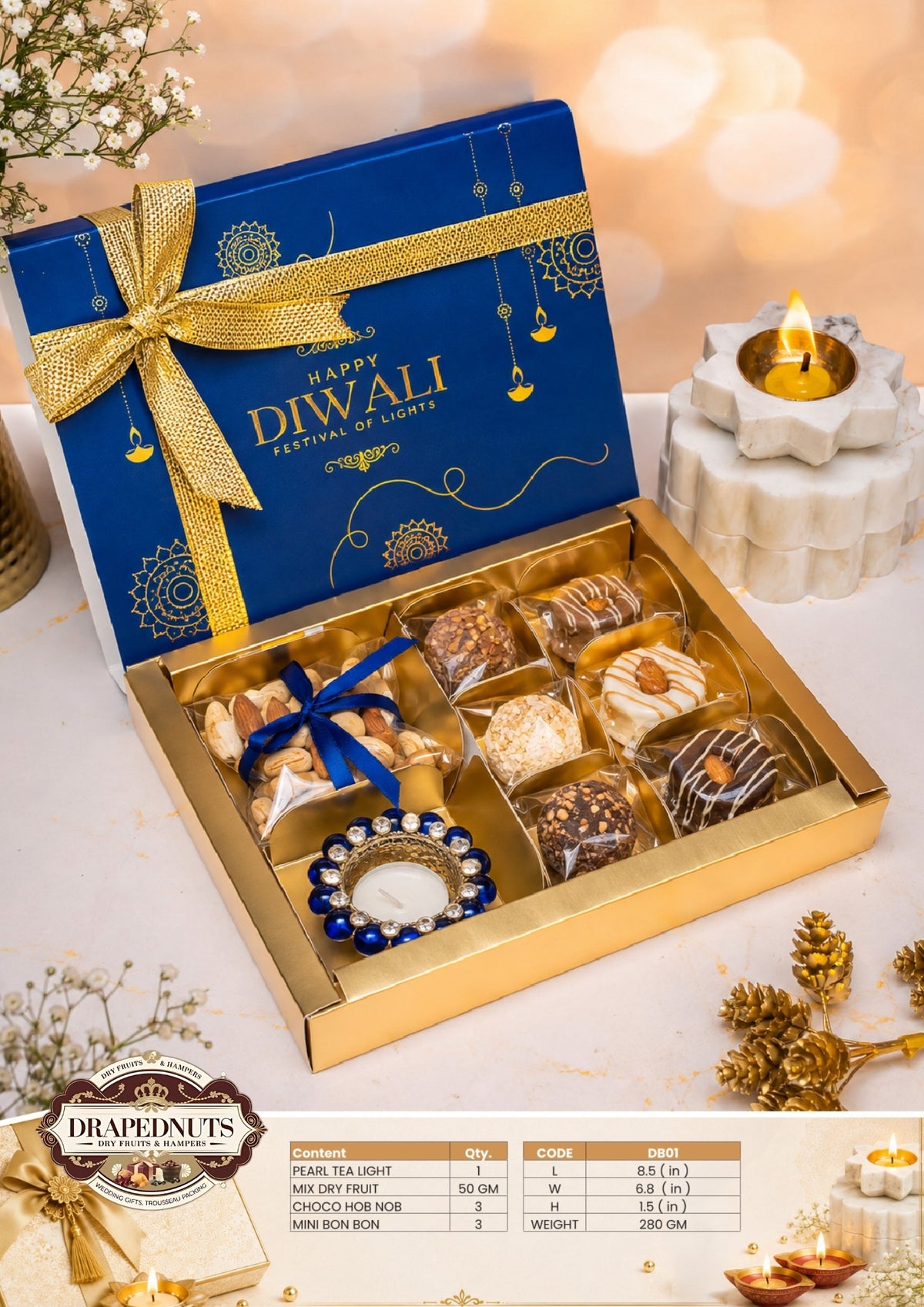 The Royal Blue Diwali Hamper – Drapednuts Diwali gift hamper