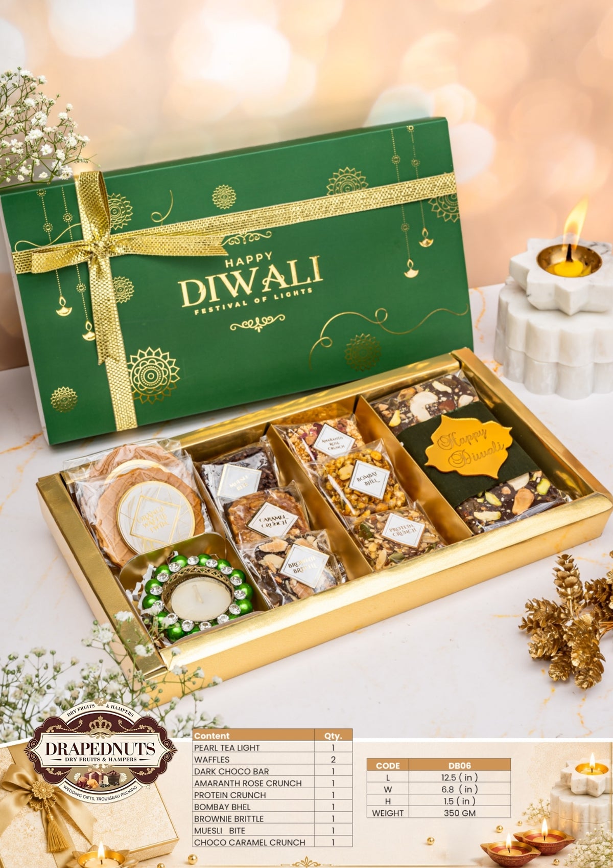 The Golden Celebration Diwali Hamper – Drapednuts Diwali gift hamper