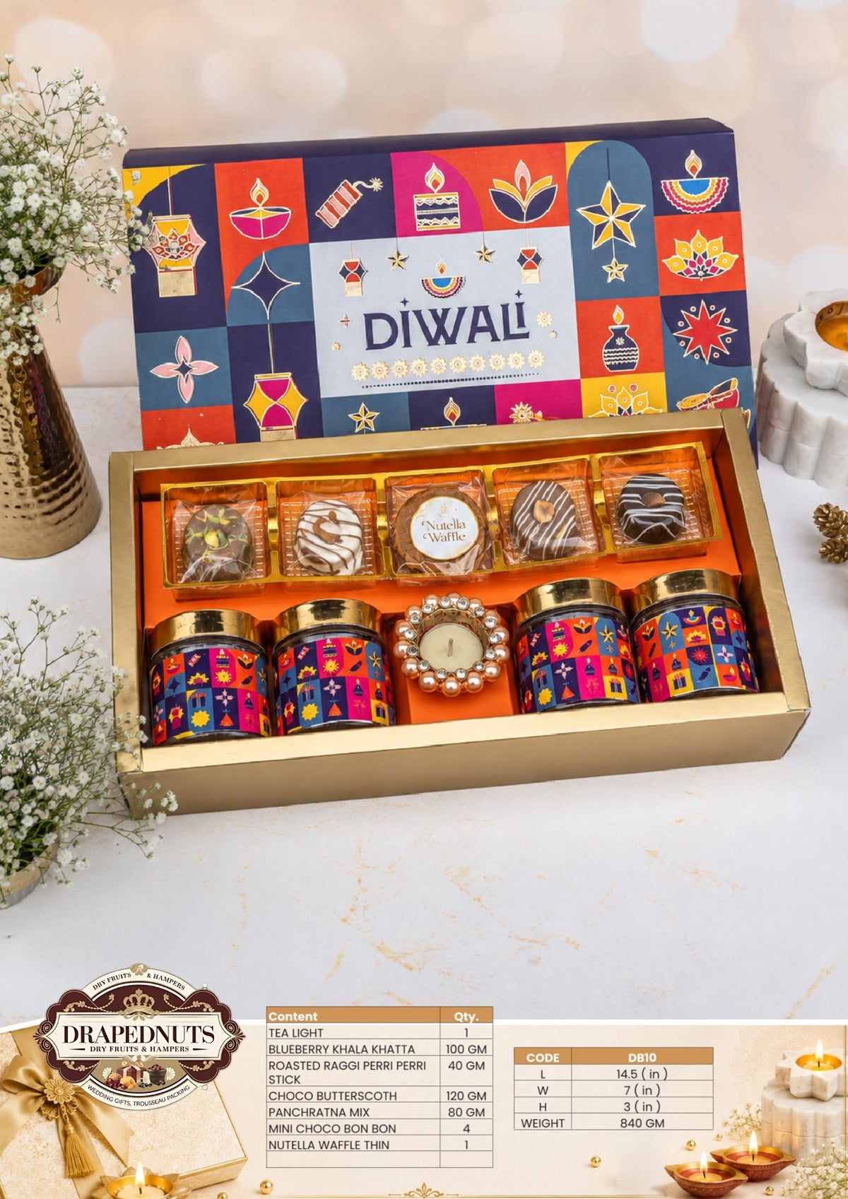 The Midnight Gourmet Diwali Hamper – Drapednuts Diwali gift hamper