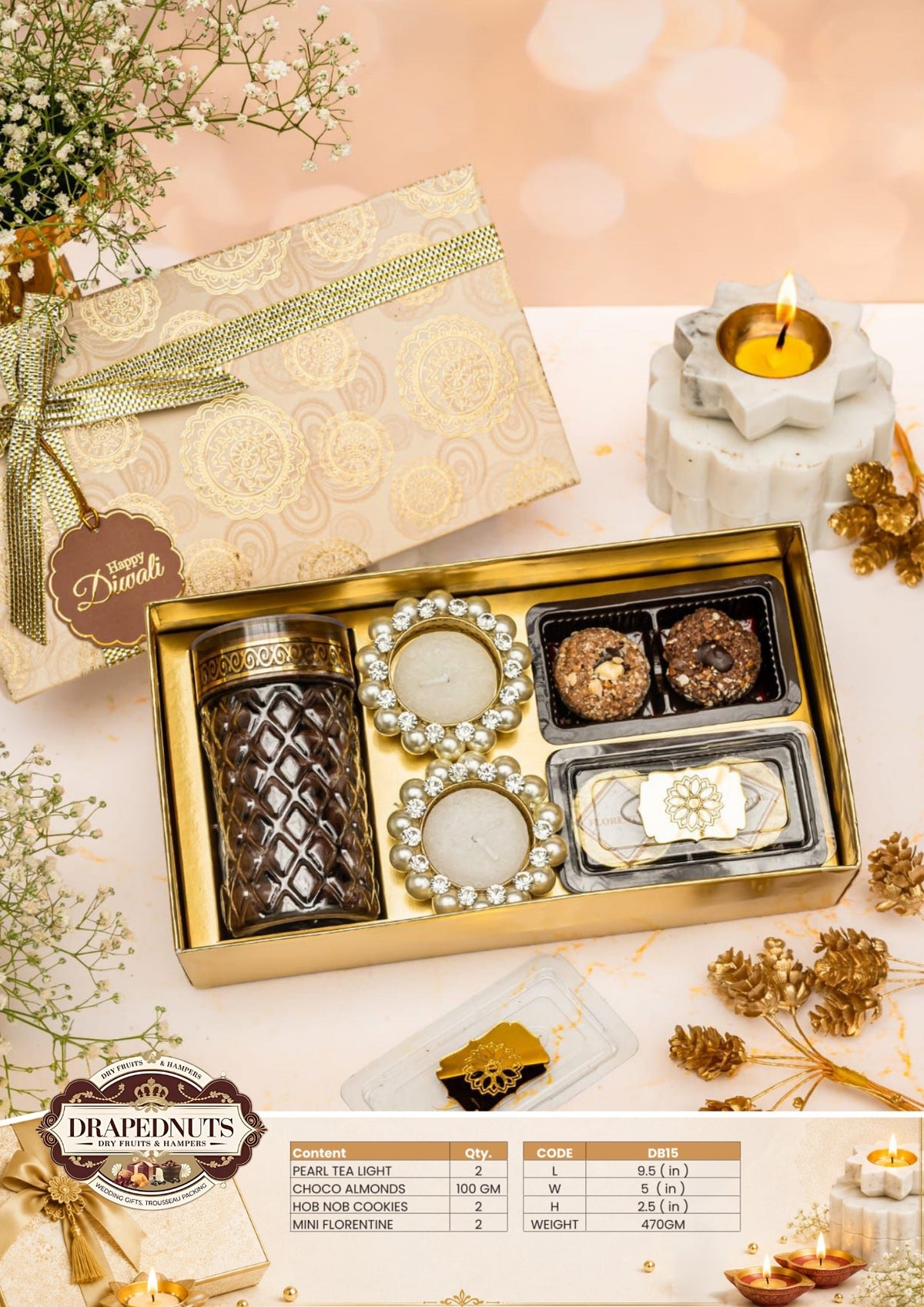 The Pearl Elegance Diwali Hamper – Drapednuts Diwali gift hamper