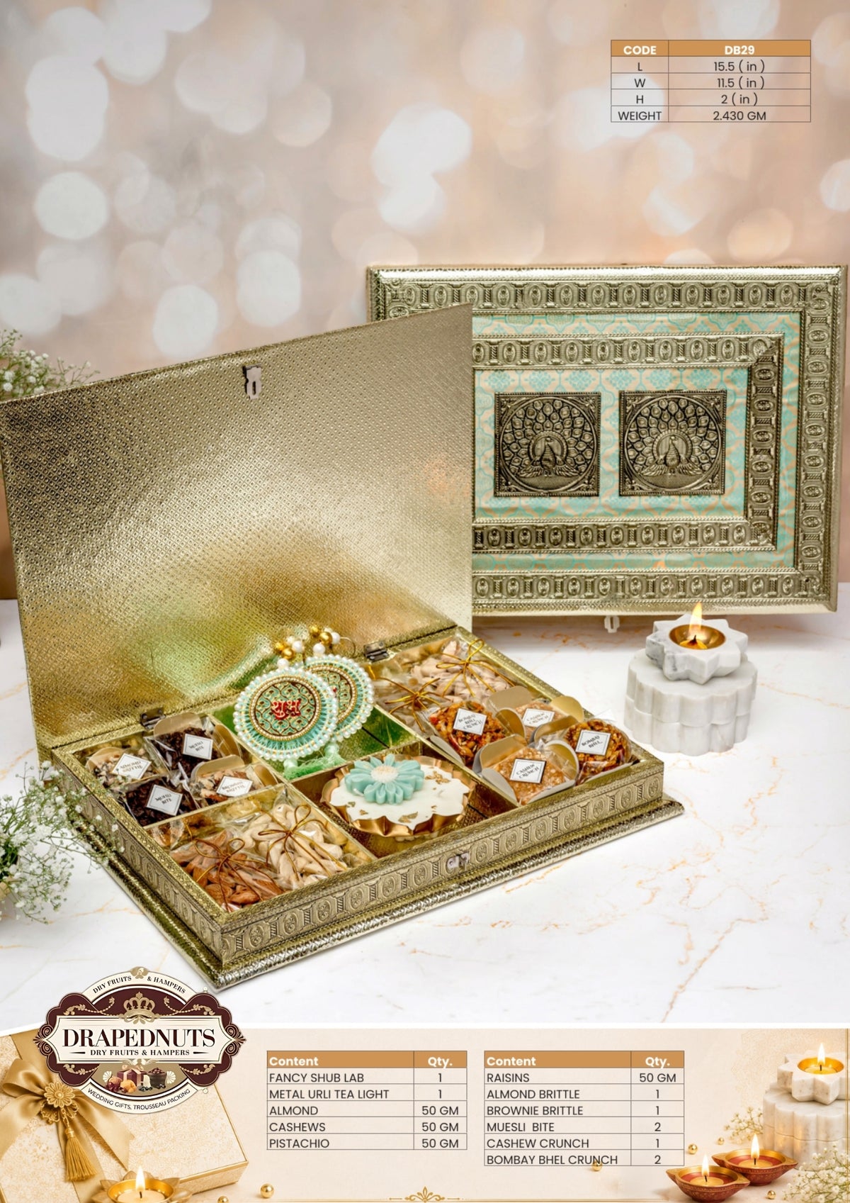 The Brass Heritage Diwali Hamper – Drapednuts Diwali gift hamper