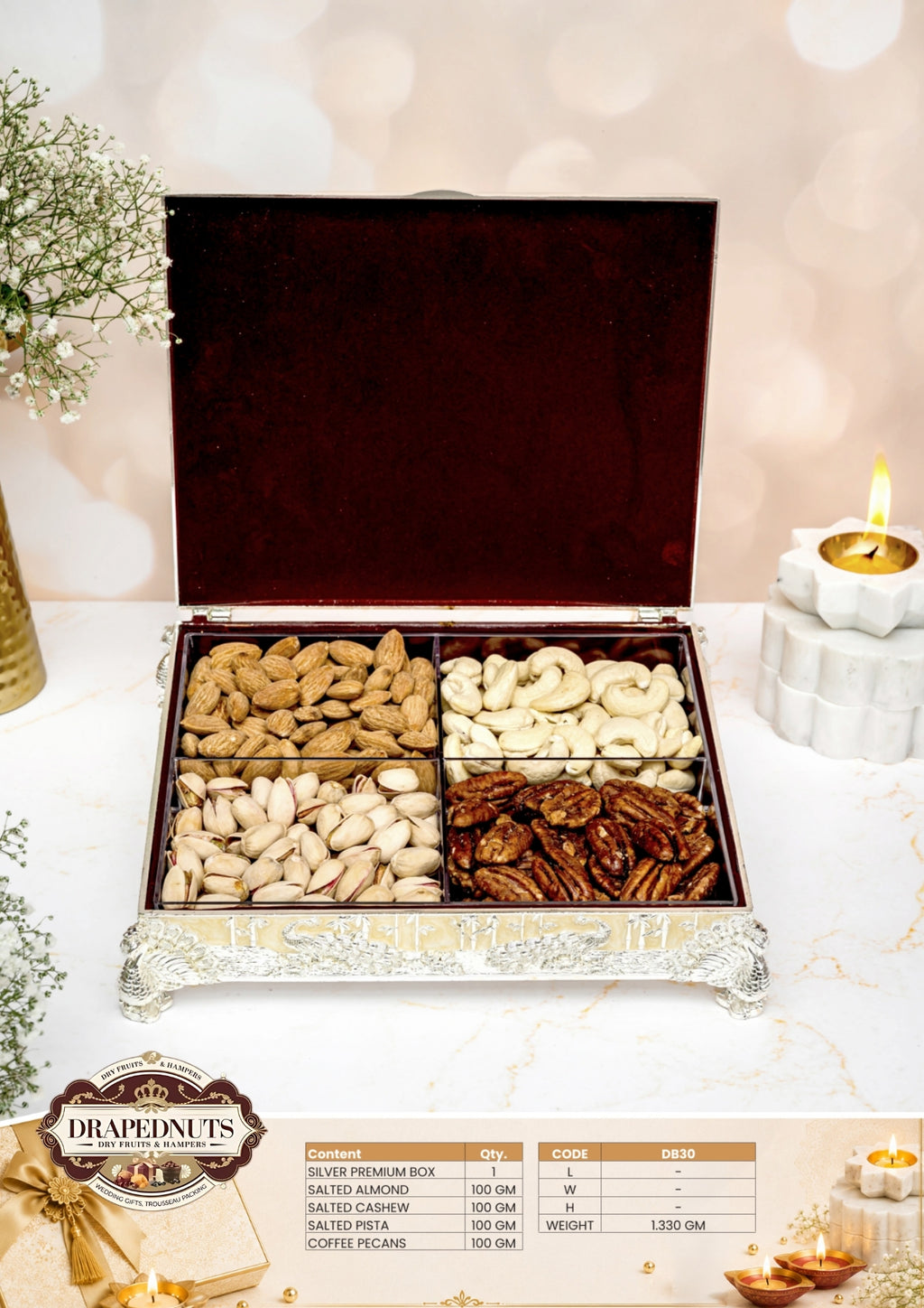 The Silver Premium Diwali Hamper – Drapednuts Diwali gift hamper