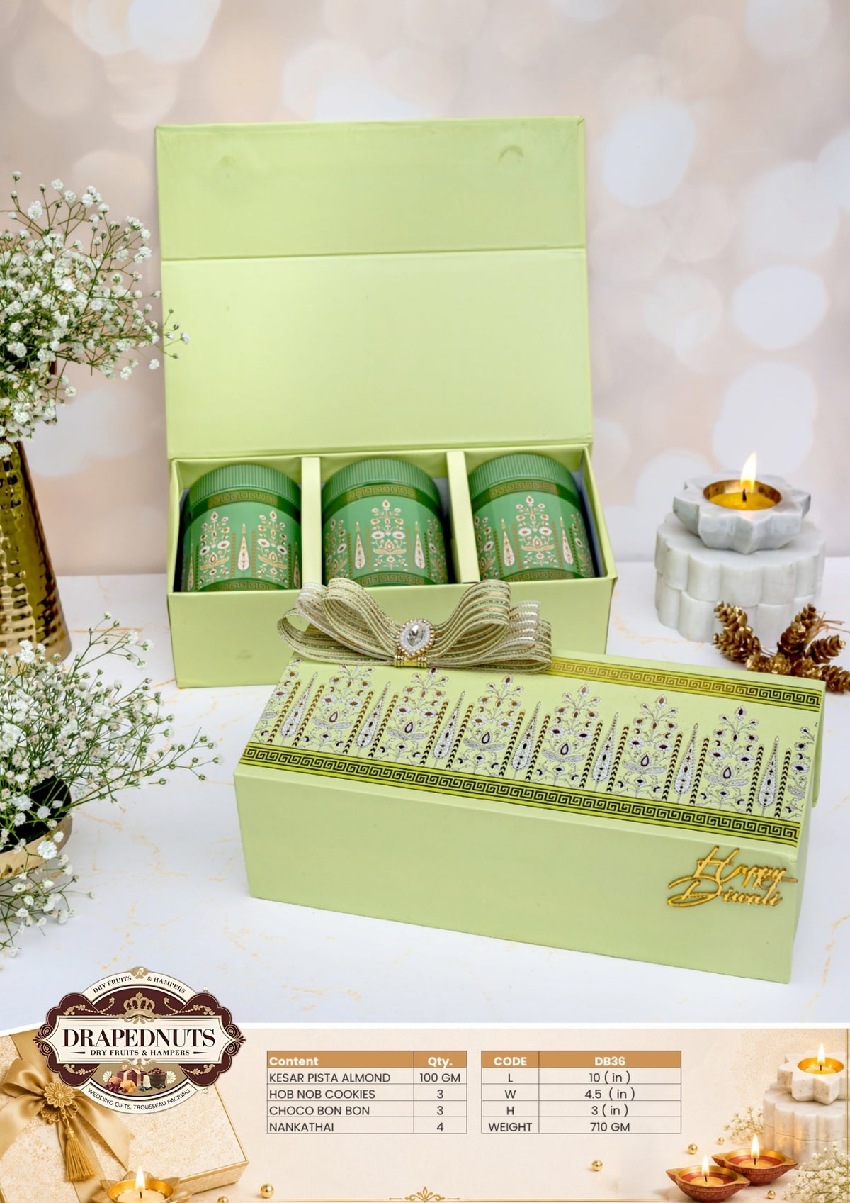 The Kesar Celebration Diwali Hamper – Drapednuts Diwali gift hamper