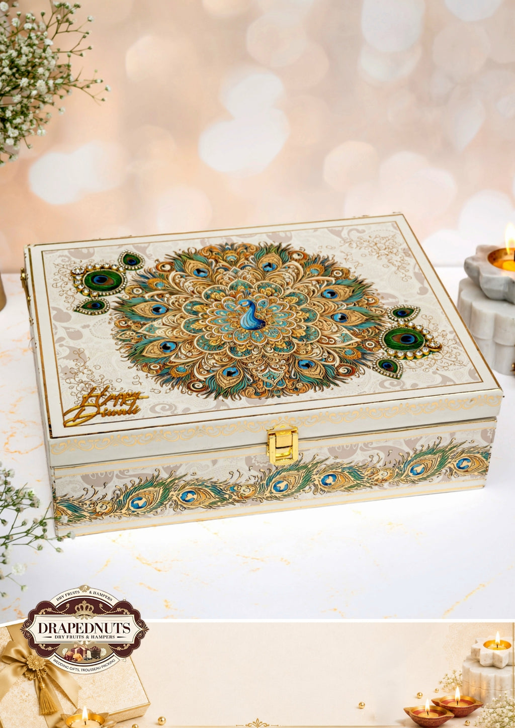 The Peacock Grandeur Diwali Hamper – Drapednuts Diwali gift hamper (view 2)