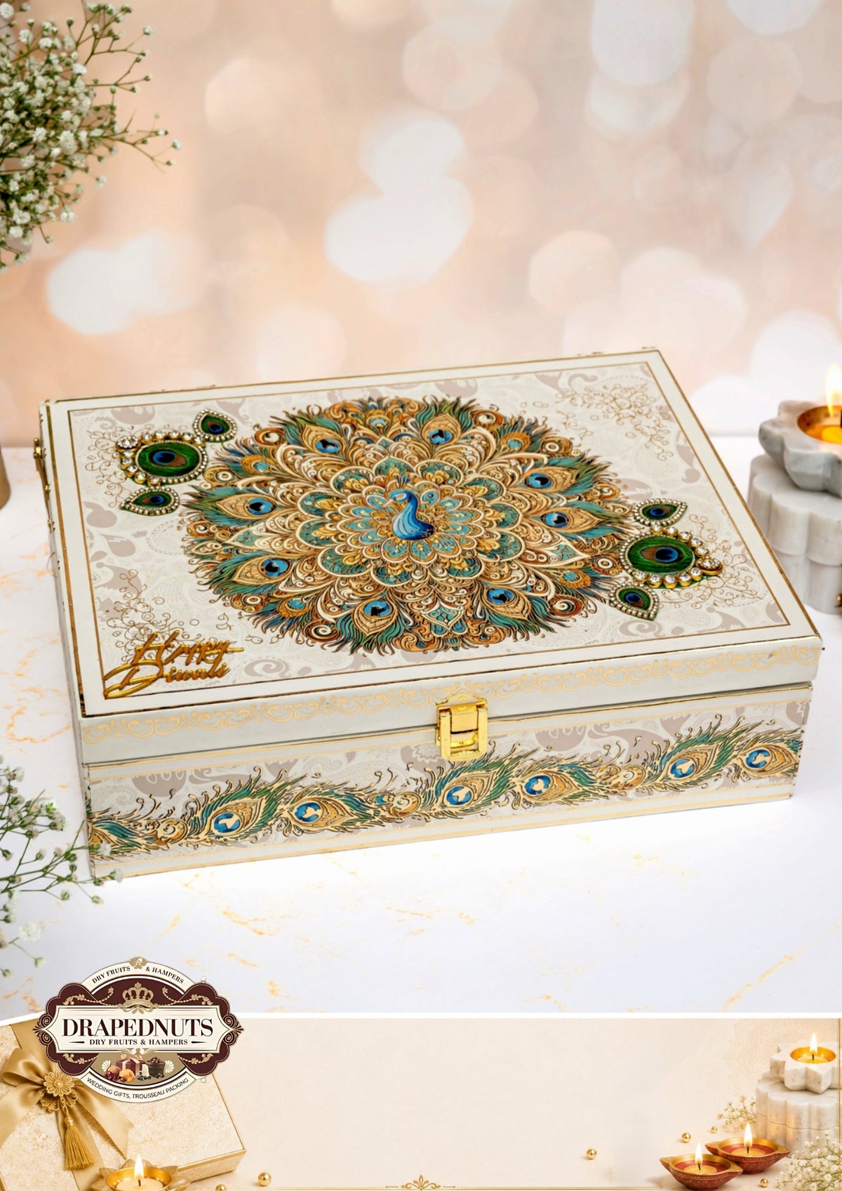 The Peacock Grandeur Diwali Hamper – Drapednuts Diwali gift hamper (view 2)