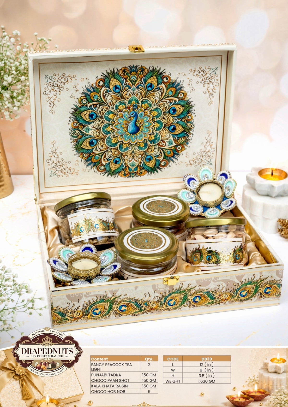 The Peacock Grandeur Diwali Hamper – Drapednuts Diwali gift hamper