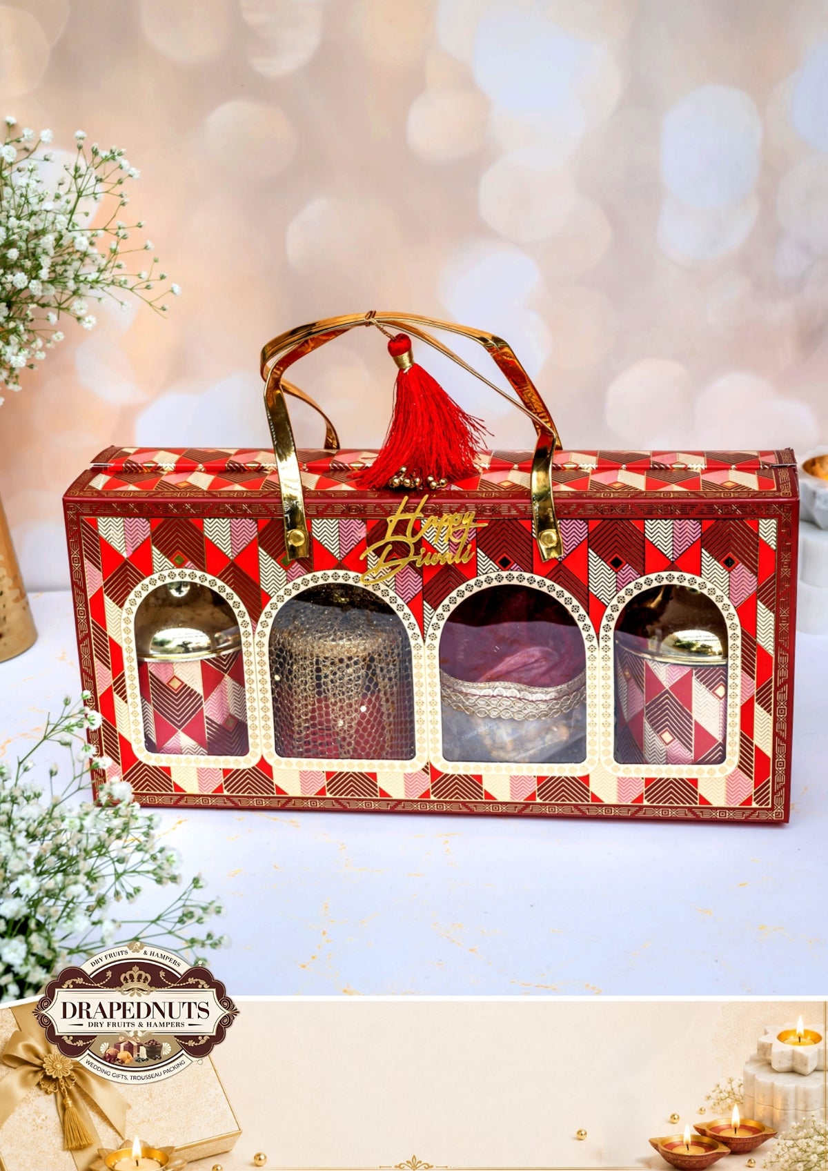 The Candlelight Indulgence Diwali Hamper – Drapednuts Diwali gift hamper (view 2)