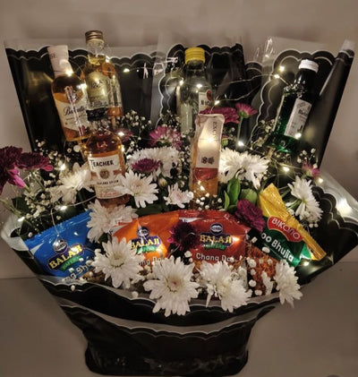 Classic Miniature Alcohol & Snack Bouquet by Drapednuts