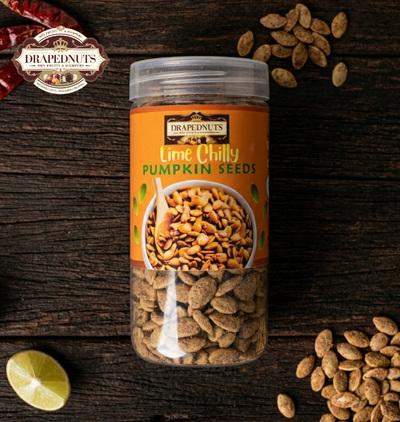 Lime Chilly Flavoured Pumpkin Seeds | Premium Snack Jar | 175g | Drapednuts