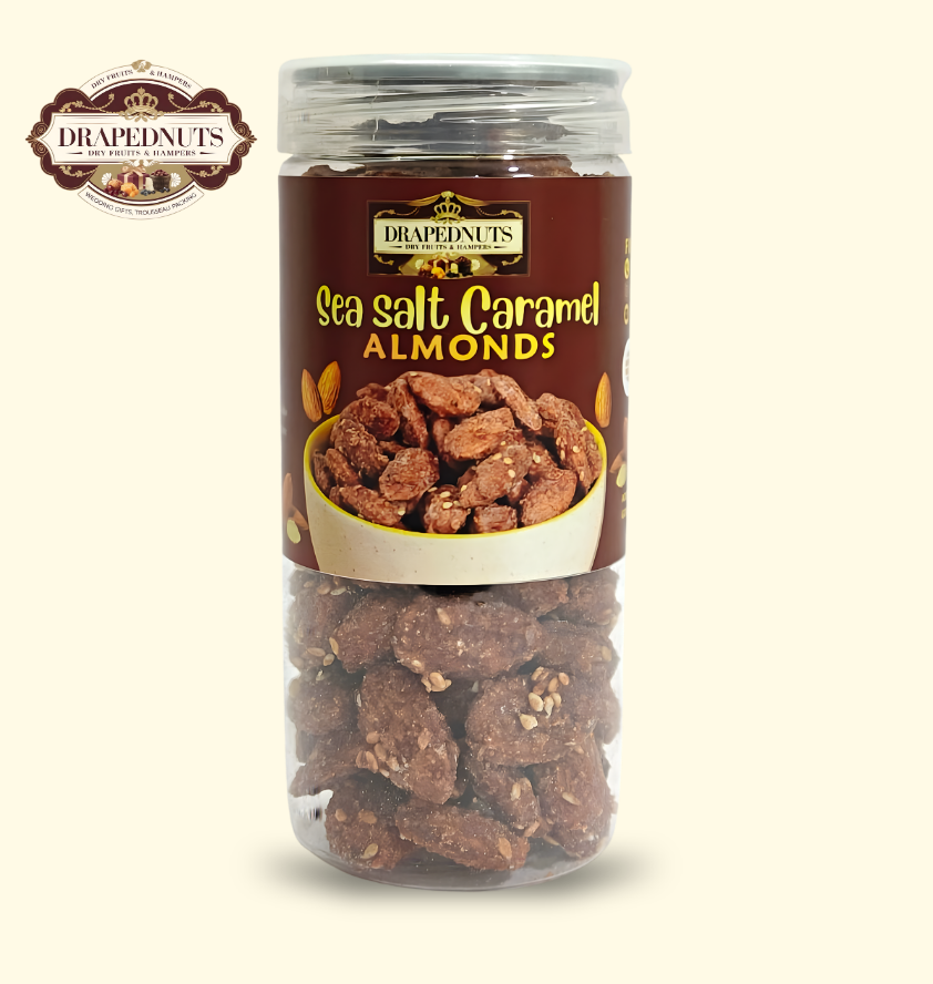 premium sea salt caramel almonds bottle luxury dry fruit gift jar 175g Drapednuts