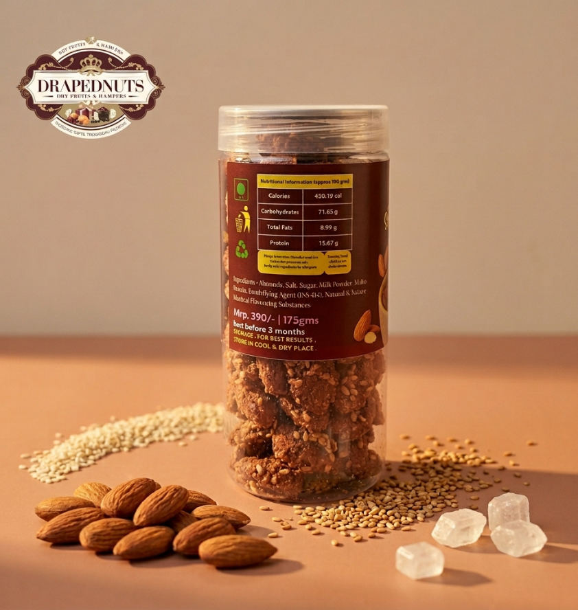 premium sea salt caramel almonds bottle luxury dry fruit gift jar 175g Drapednuts